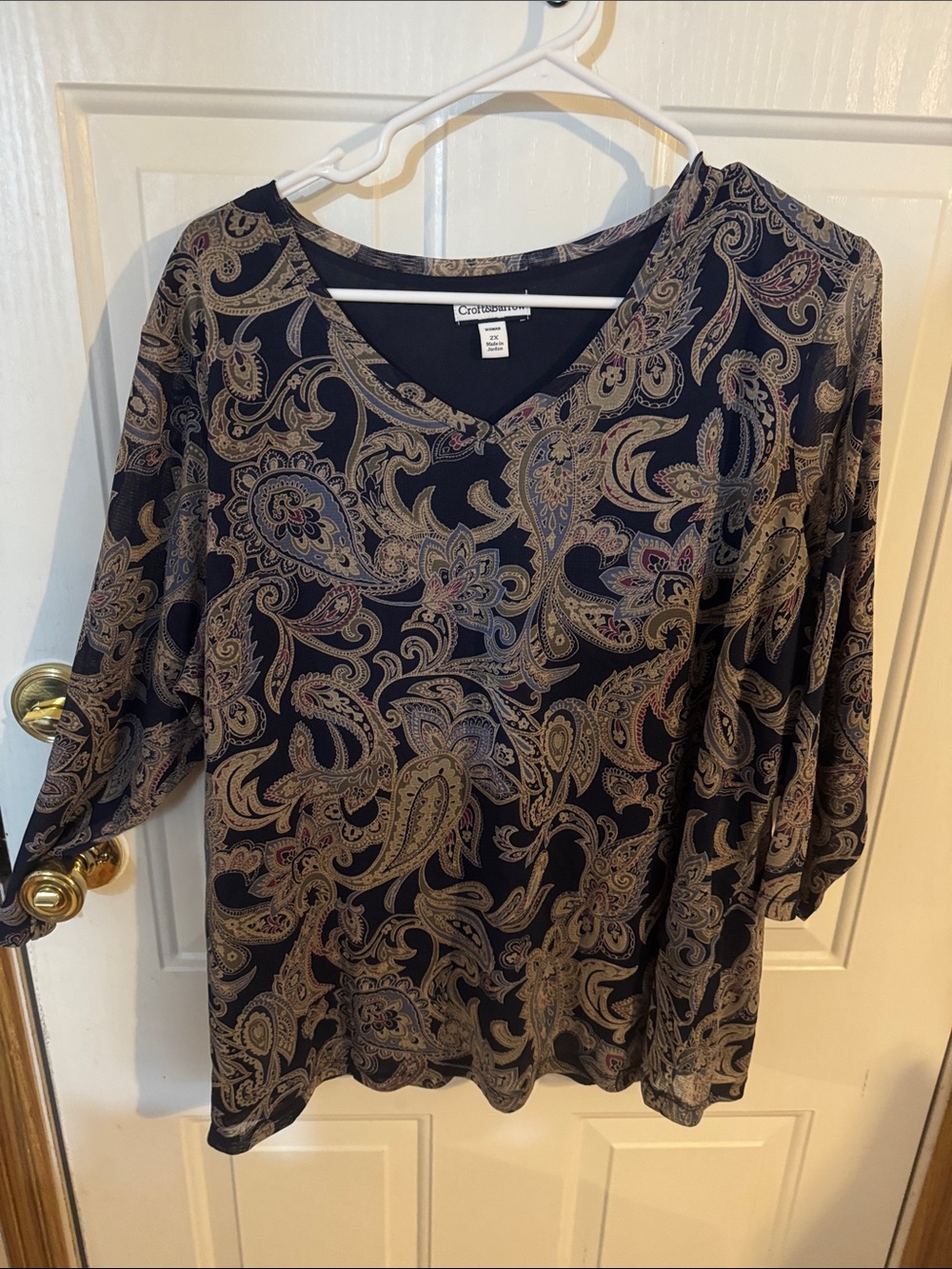 croft & barrow Navy Paisley V-Neck Long Sleeve Top